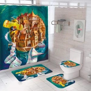 Set de baño de 4 piezas con diseño artístico de ciudad flotante y avión amarillo, incluye cortina de ducha y alfombras.