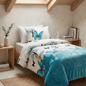 Cubrecama Plush con Chiporro Mariposas Turquesa 1.5 Plazas