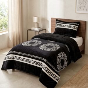 Cubrecama Plush con Chiporro Negro Diseño Griego 1.5 Plazas
